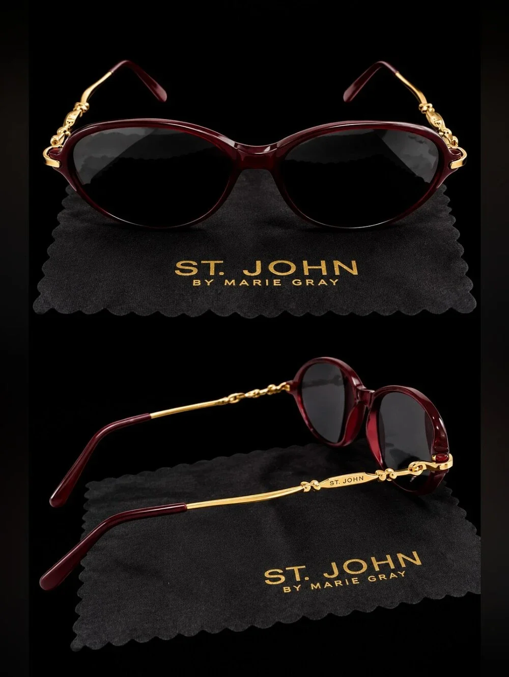 Rare Vintage 80s ST. JOHN by Marie Gray Burgundy & Gold Chain Sunglasses w/ Case